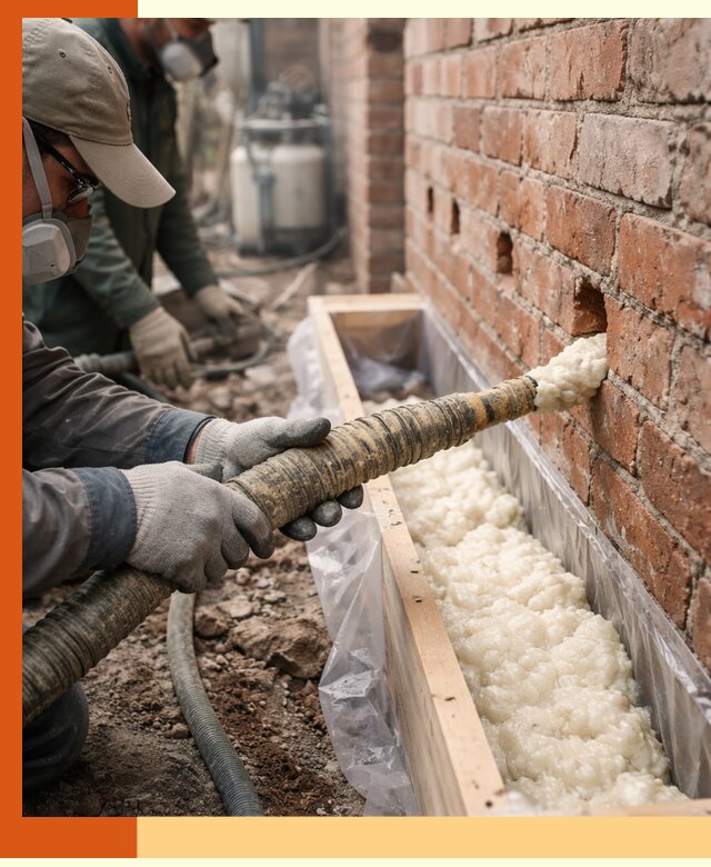 Заливка ППУ в пустоты кирпичной стены в Славгороде